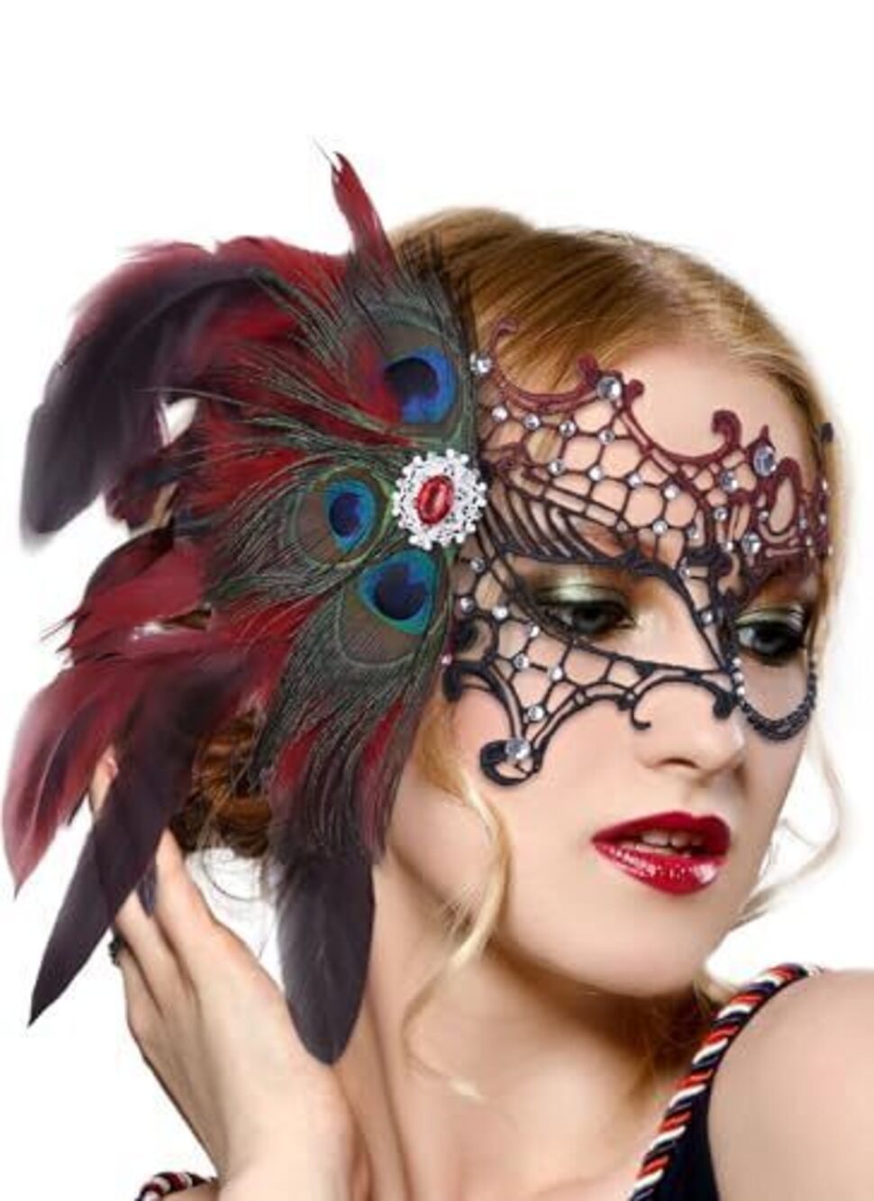 2221 Halloween Masquerade Masks -2026 Black Red Peacock Feather Lace Mask